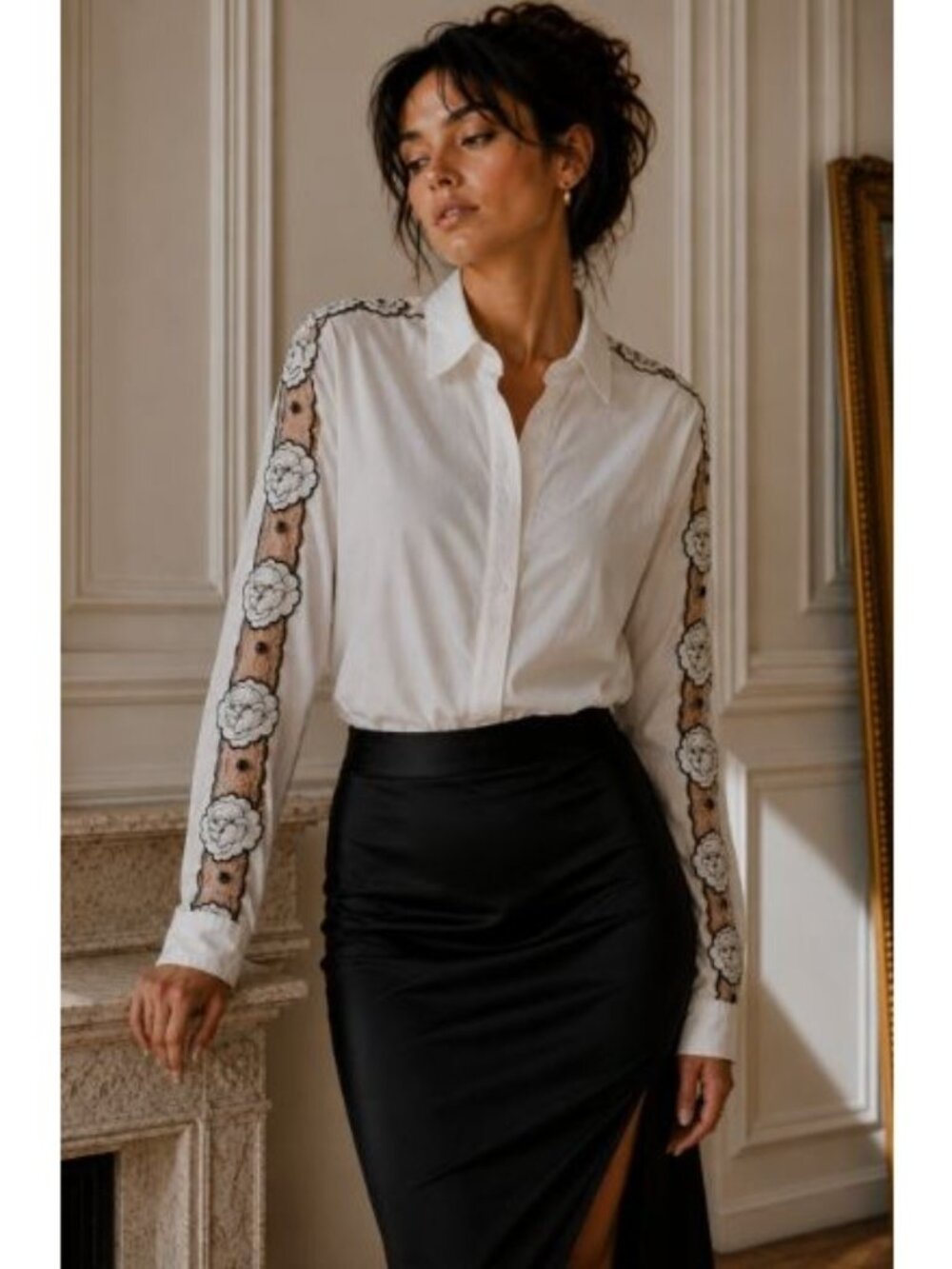 Anne Fontaine Shirt Sheer Lace Panels French Designer EU42 Chic Business Office
